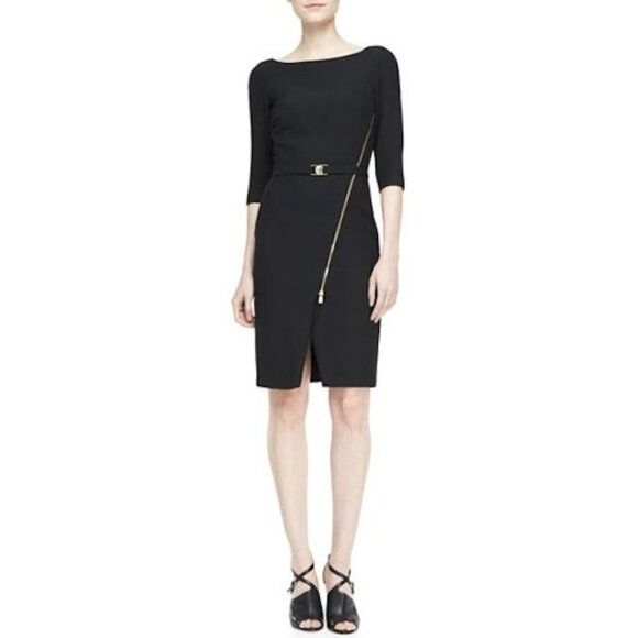 Versace Womens Black Asymmetric Zip Front Gold Medusa Buckle Belted Dress XS